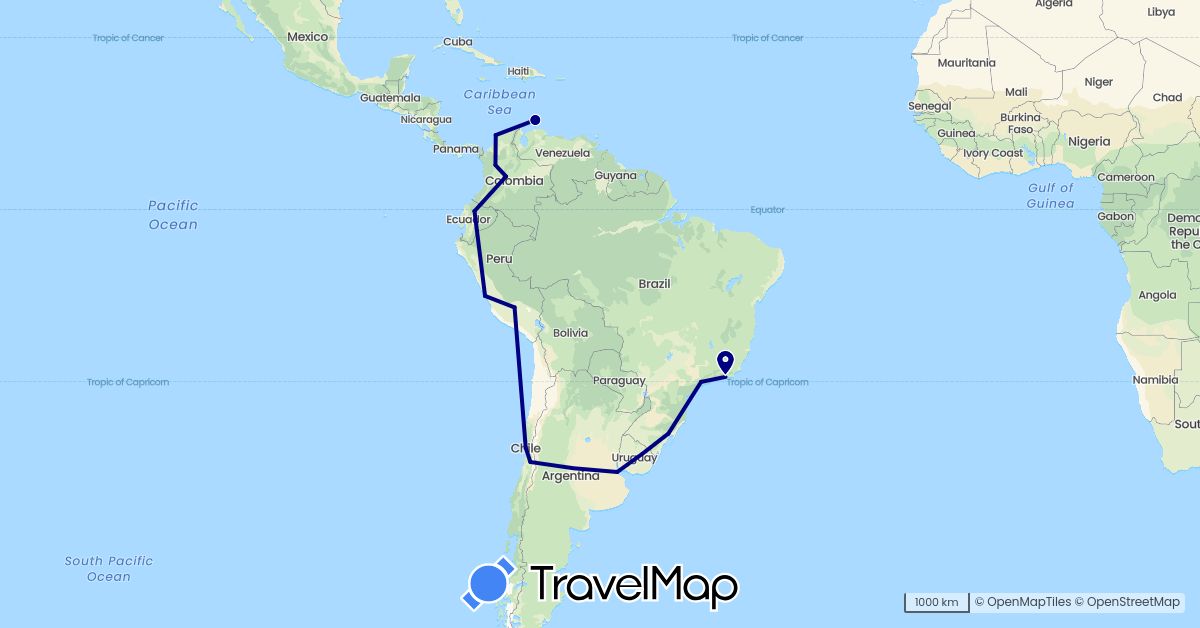 TravelMap itinerary: driving in Argentina, Brazil, Chile, Colombia, Ecuador, Netherlands, Peru (Europe, South America)